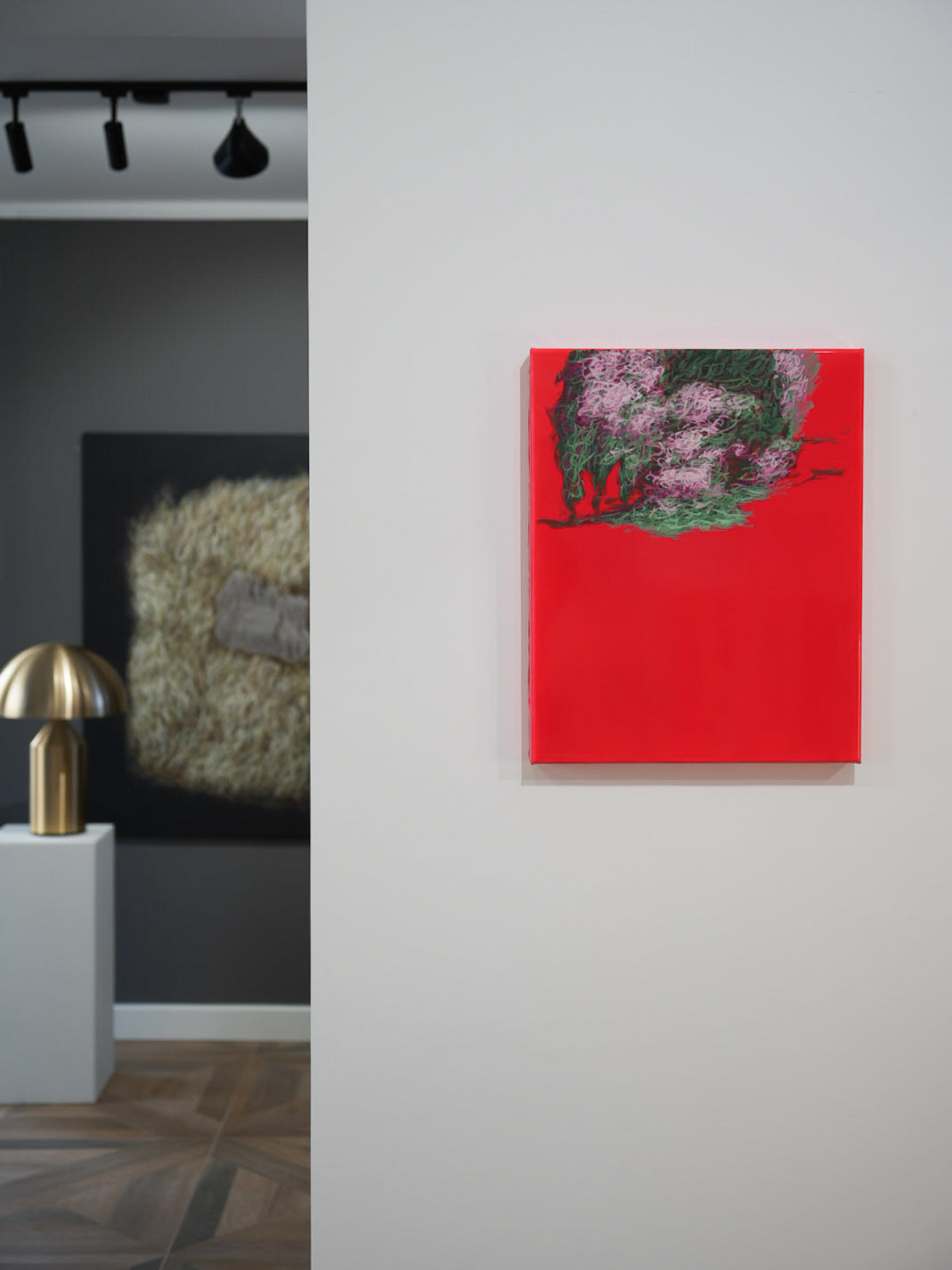 4 Naturkopie von Harald Gnade, 2024, Lack, Acryl und Gouache auf Leinwand, 50 x 40 cm, abstrakte Komposition auf rotem Hintergrund