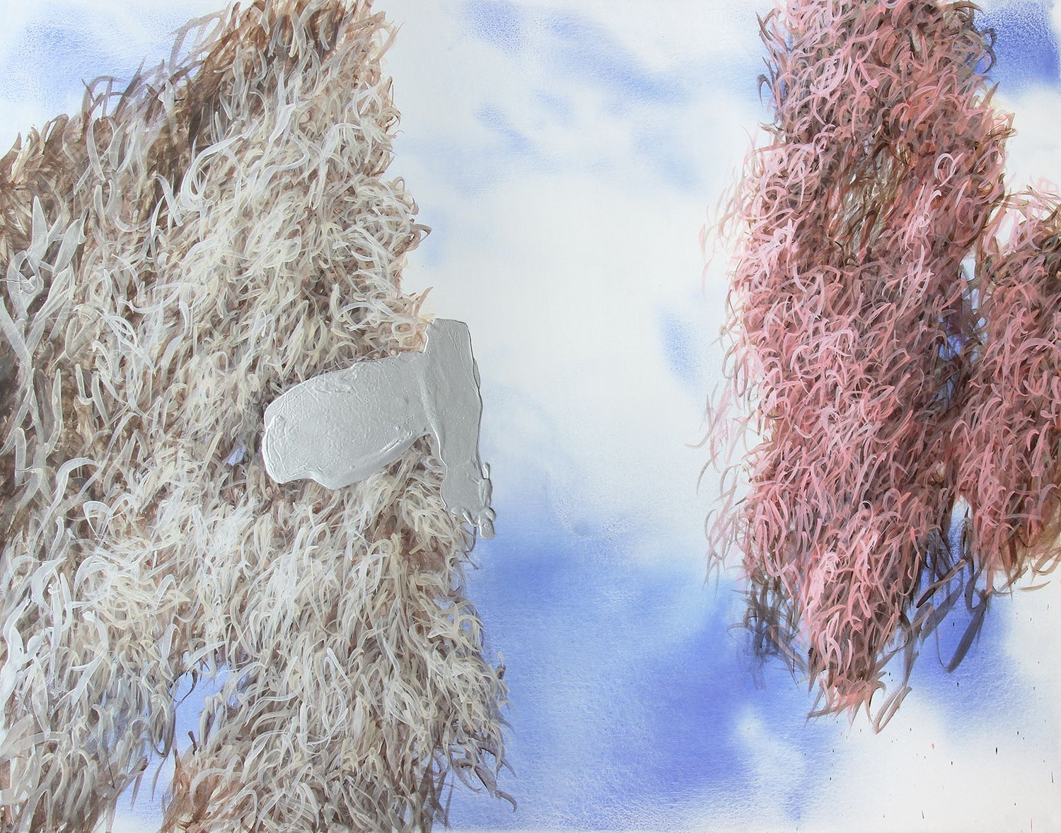 Arkadien von Harald Gnade, abstrakte Mixed-Media-Arbeit mit strukturierten Naturformen in Weiß und Rosa, 120 x 150 cm, 2024