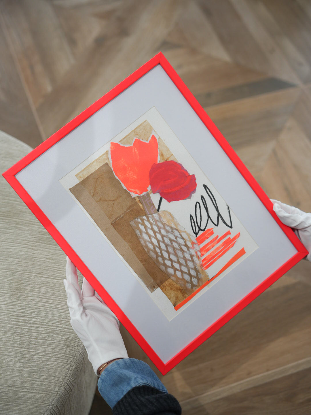 Collage 3 von Susanne Kirsch, 2025, Mixed Media Collage, 40 x 50 cm, abstrakte Komposition mit floralen Elementen in Neon-Orange und Rot